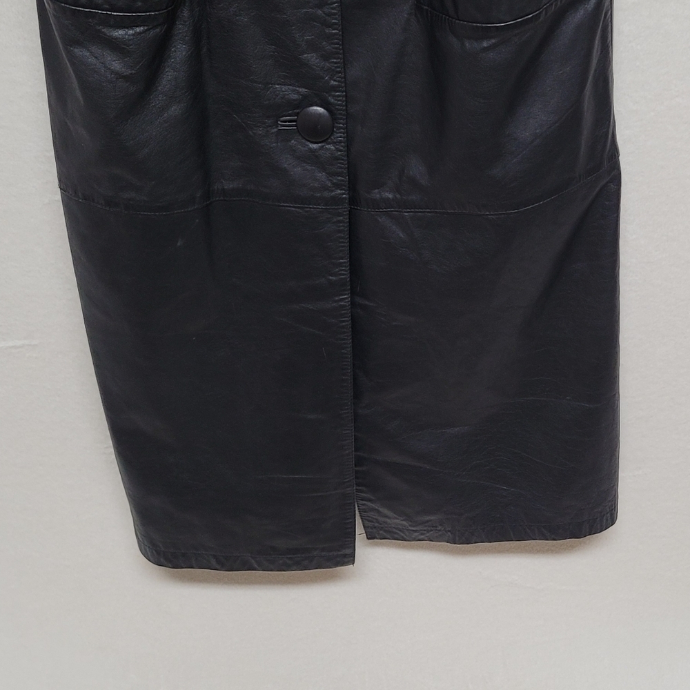 80s Vintage BKE Black Leather Longline Dolman Sleeve Oversized Trench Coat 7/8 - Picture 7 of 14